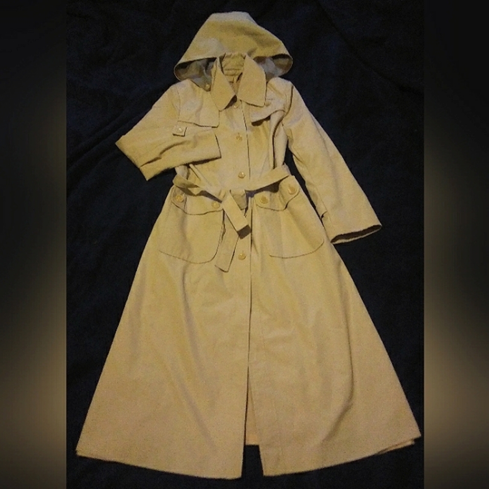 Vintage Style Beige Hooded Trench Coat Size 7/8 - Picture 10 of 10